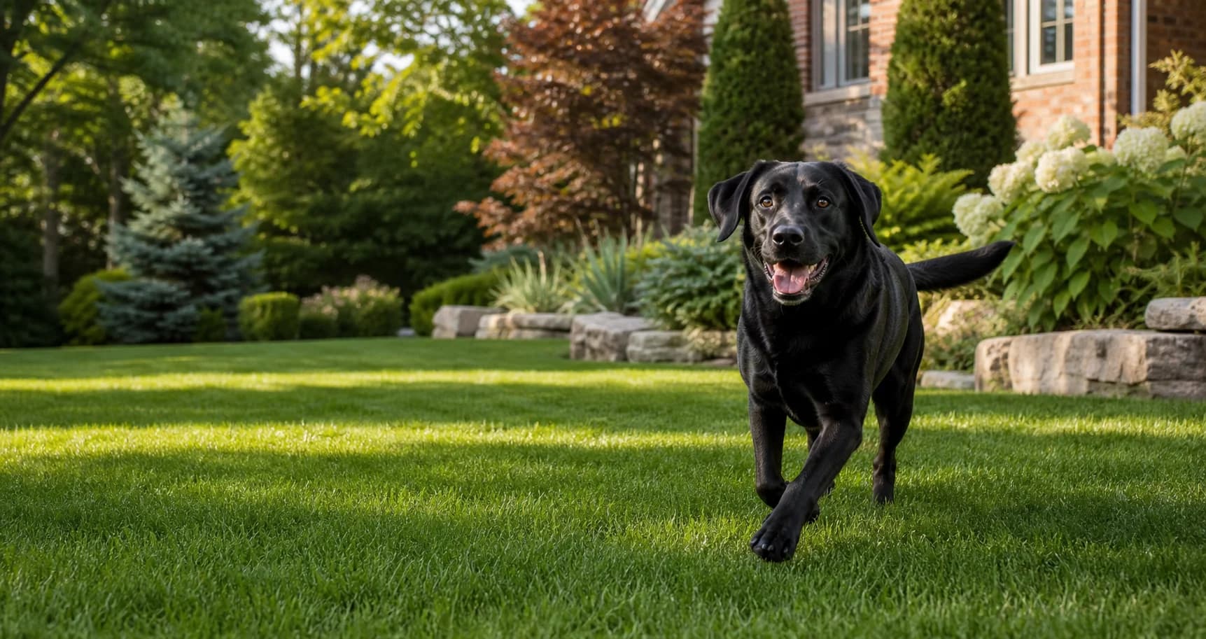 Campaign illustration of a black Labrador running across a landscaped lawn