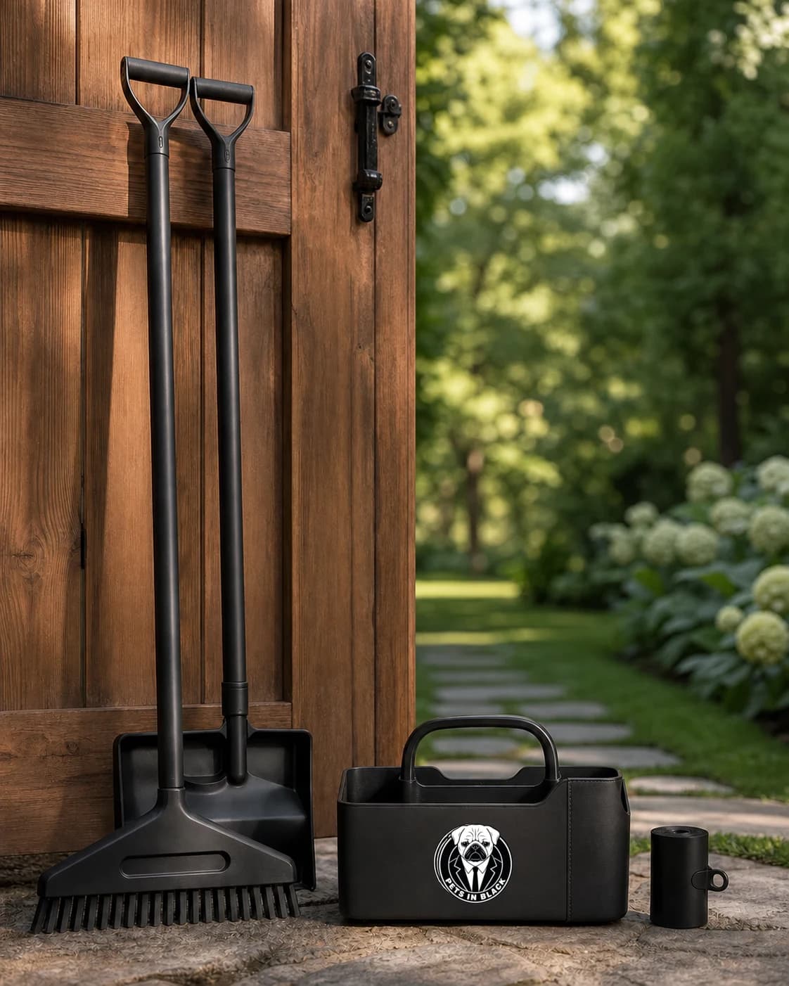 Campaign illustration of matte-black cleanup tools and a Pets In Black crest caddy beside a cedar gate