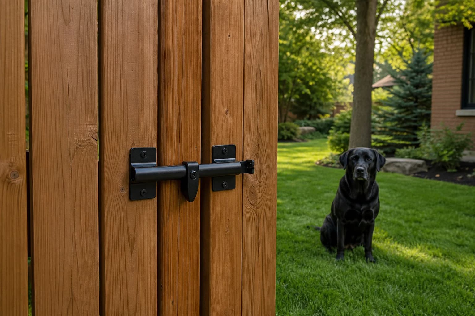 Service illustration of a closed cedar gate latch with a black Labrador safely inside the yard